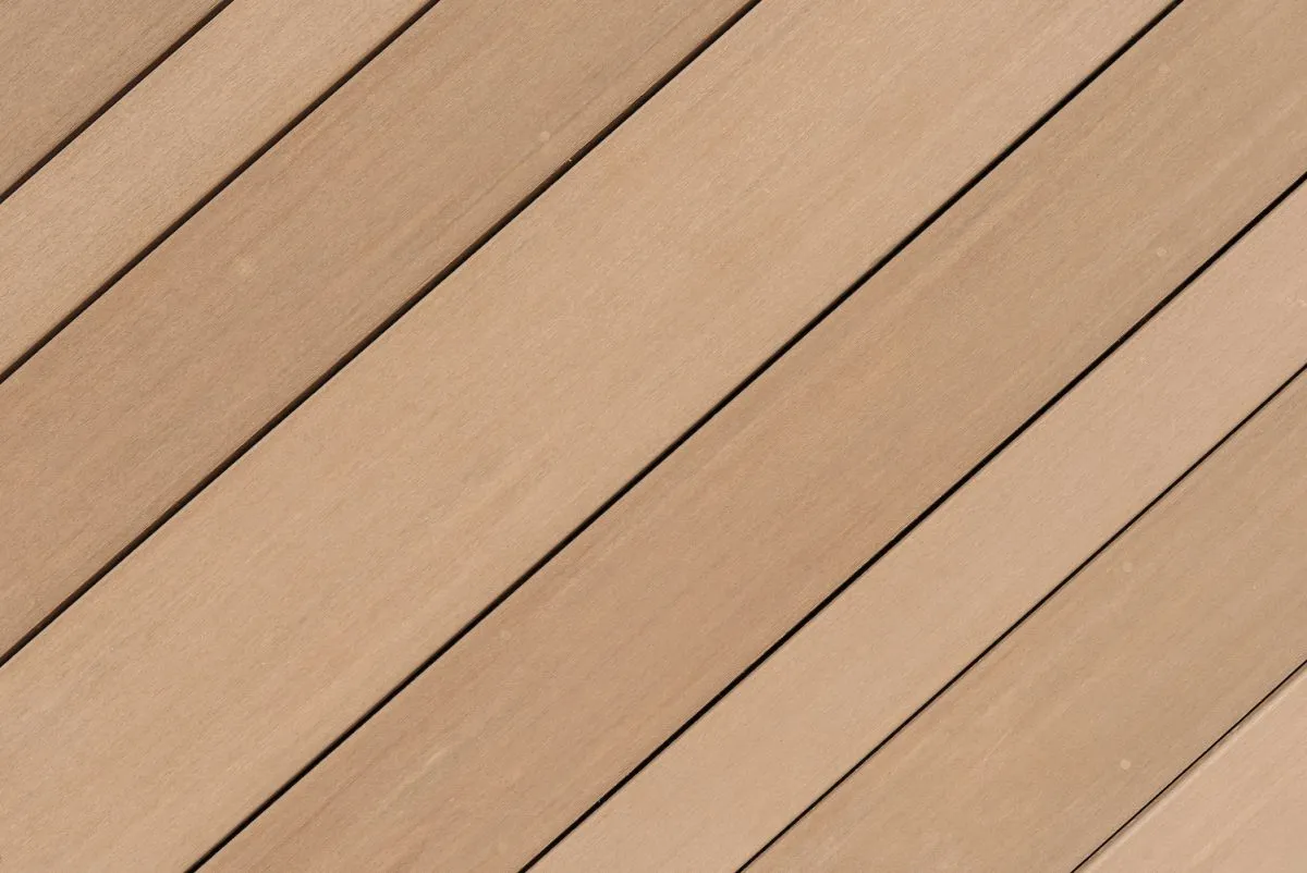 A close up of the Elements multi width decking on show at RHS Hampton Court