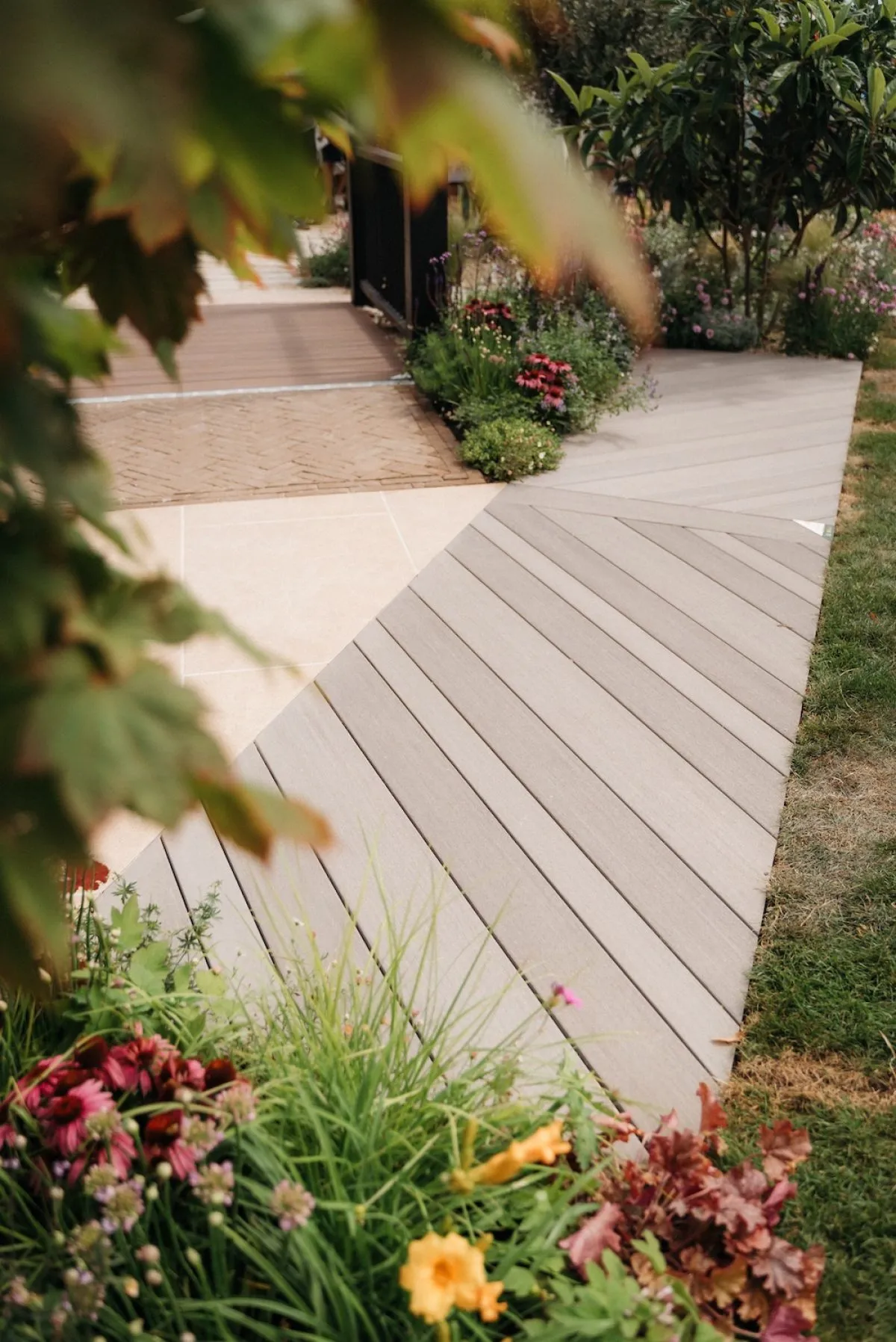 A wider image of the multi width Elements Decking installation at RHS Hampton Court